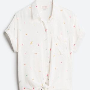 Vixbe Serah Tie Front Button Down XS White Confetti Print Dolman Short Sleeve